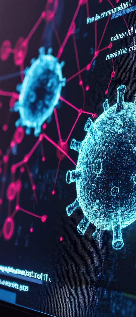 A picture featuring a computer monitor with a virus image.