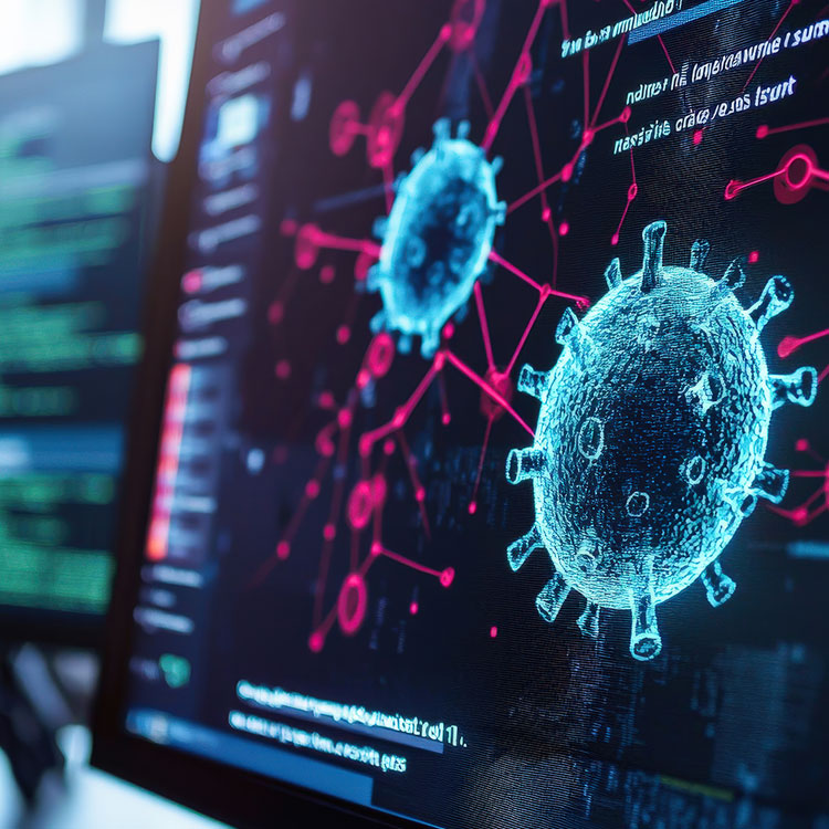 A picture featuring a computer monitor with a virus image.