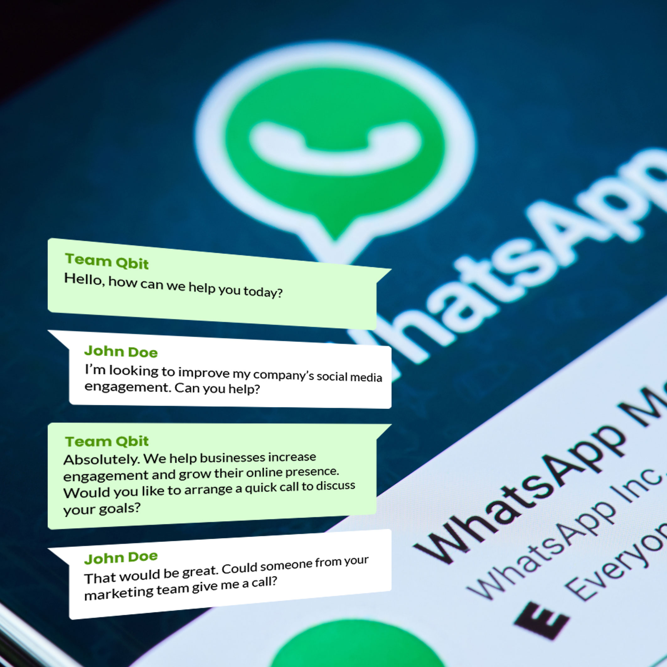 A picture featuring a WhatsApp logo and a message feed.